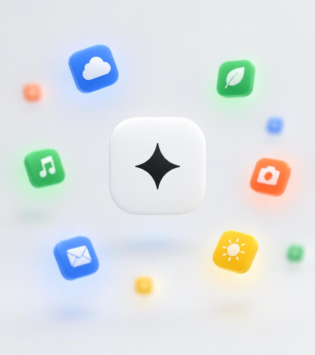 A central app icon with a sparkle surrounded by floating app icons