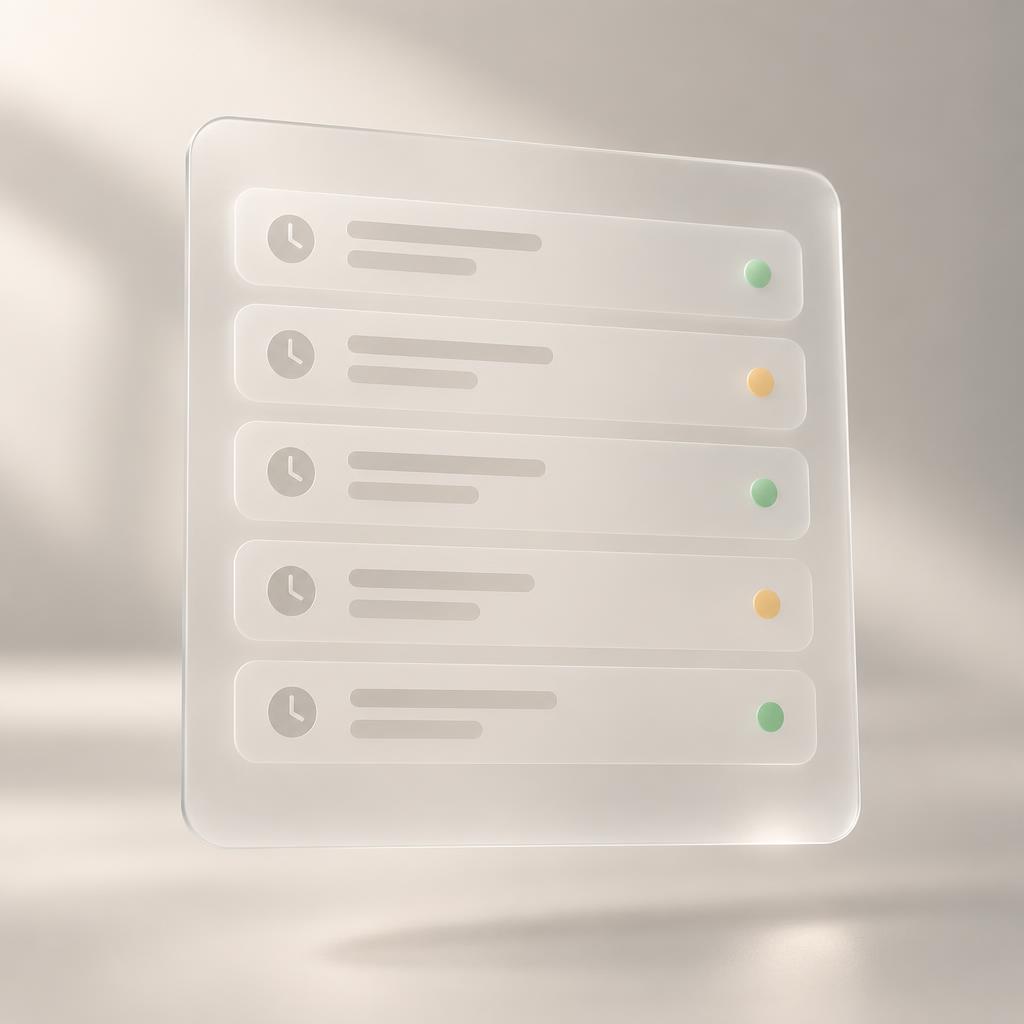 A frosted glass schedule panel with rows of class time slots
