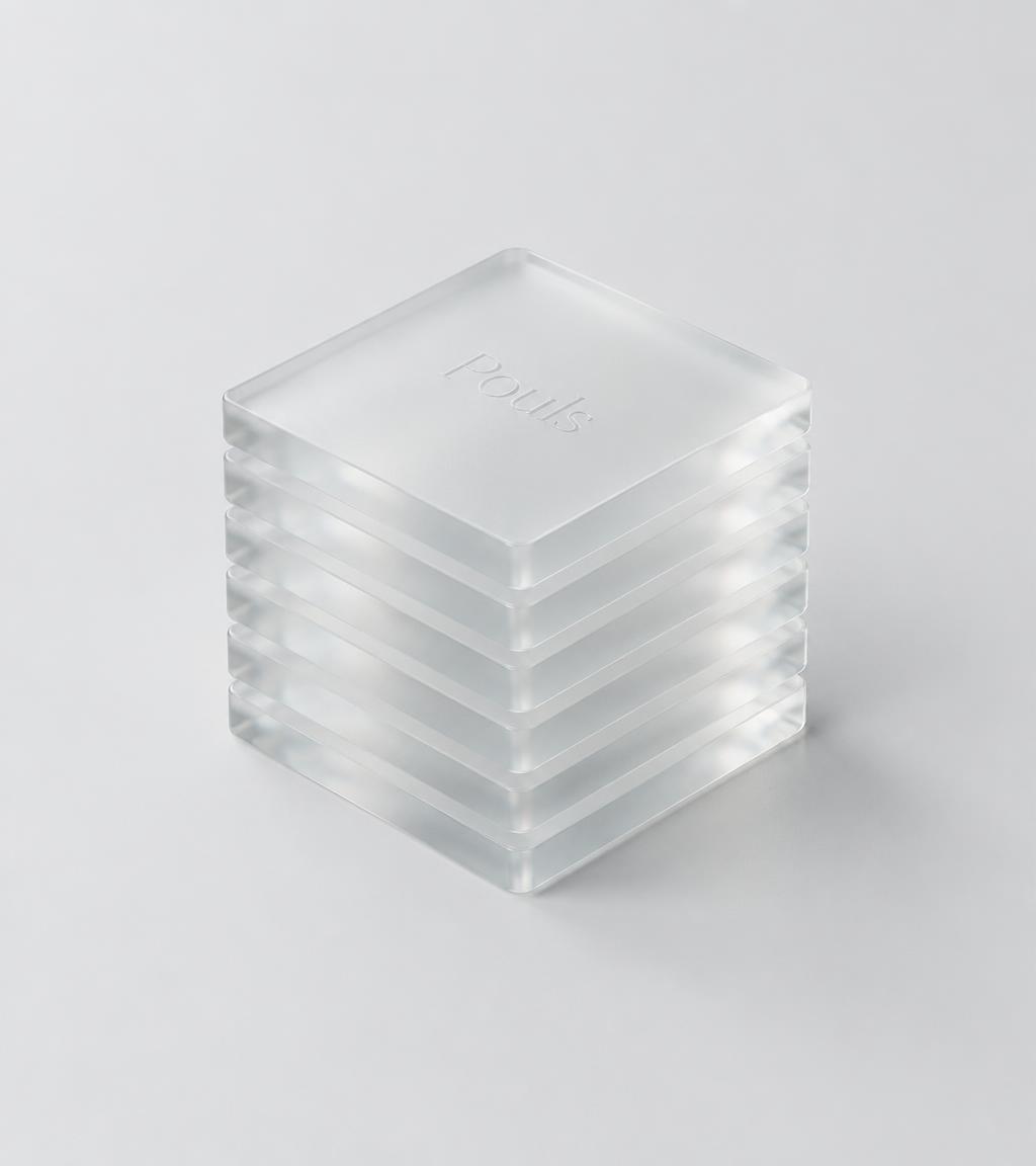 A frosted glass cube stacked from layered trays, embossed with Pouls